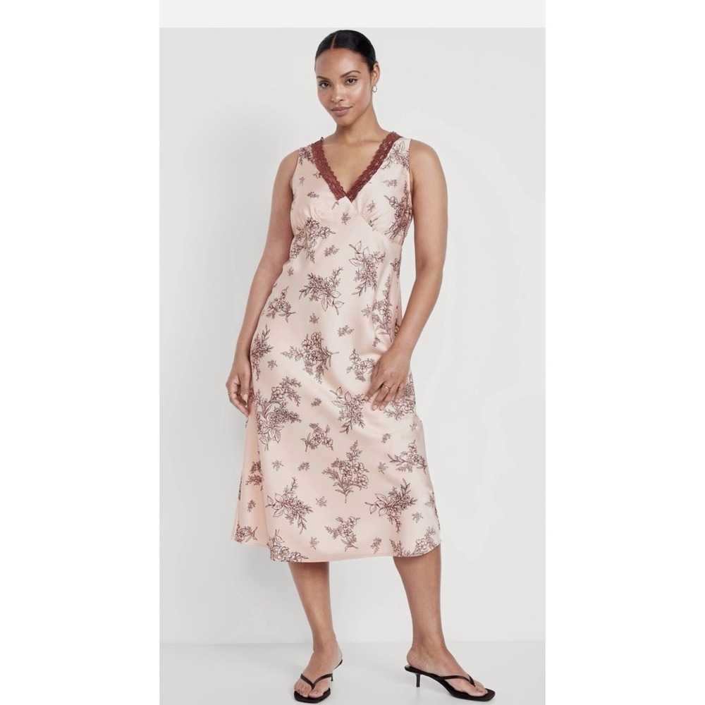 NWT Pink Floral V Neck Old Navy Lace-Trim Satin Midi Dress Size L